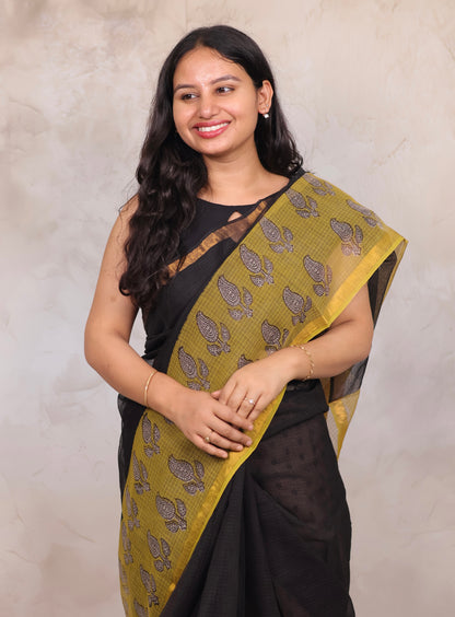 Black & Yellow Pure Kota Doria Saree with Bagru Handblock Prints | Looms & Tassels