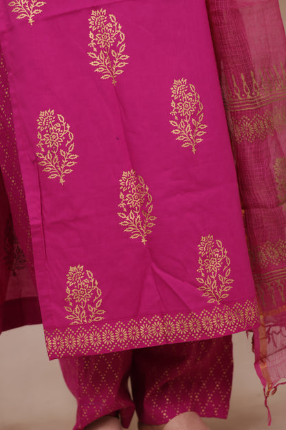 Magenta Handblock printed Pure Mul Cotton with Kota Doria Duppata 3 piece suit (stitched)