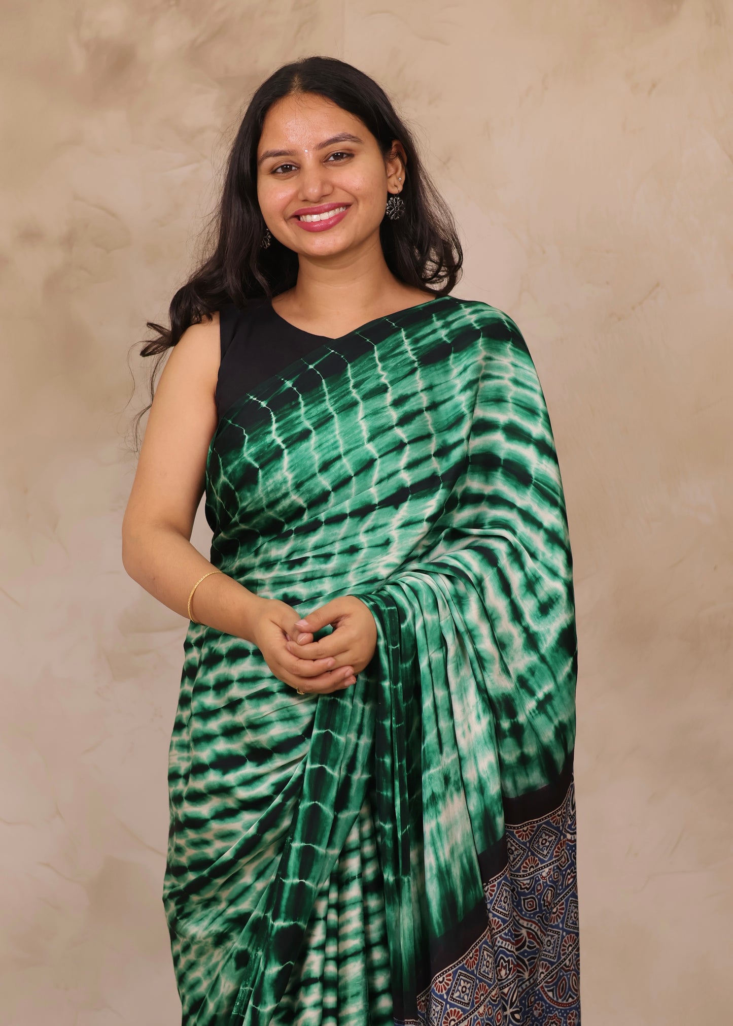 Tie & Dye Ajrakh Handblock Printed Modal Silk Saree | Looms & Tassels