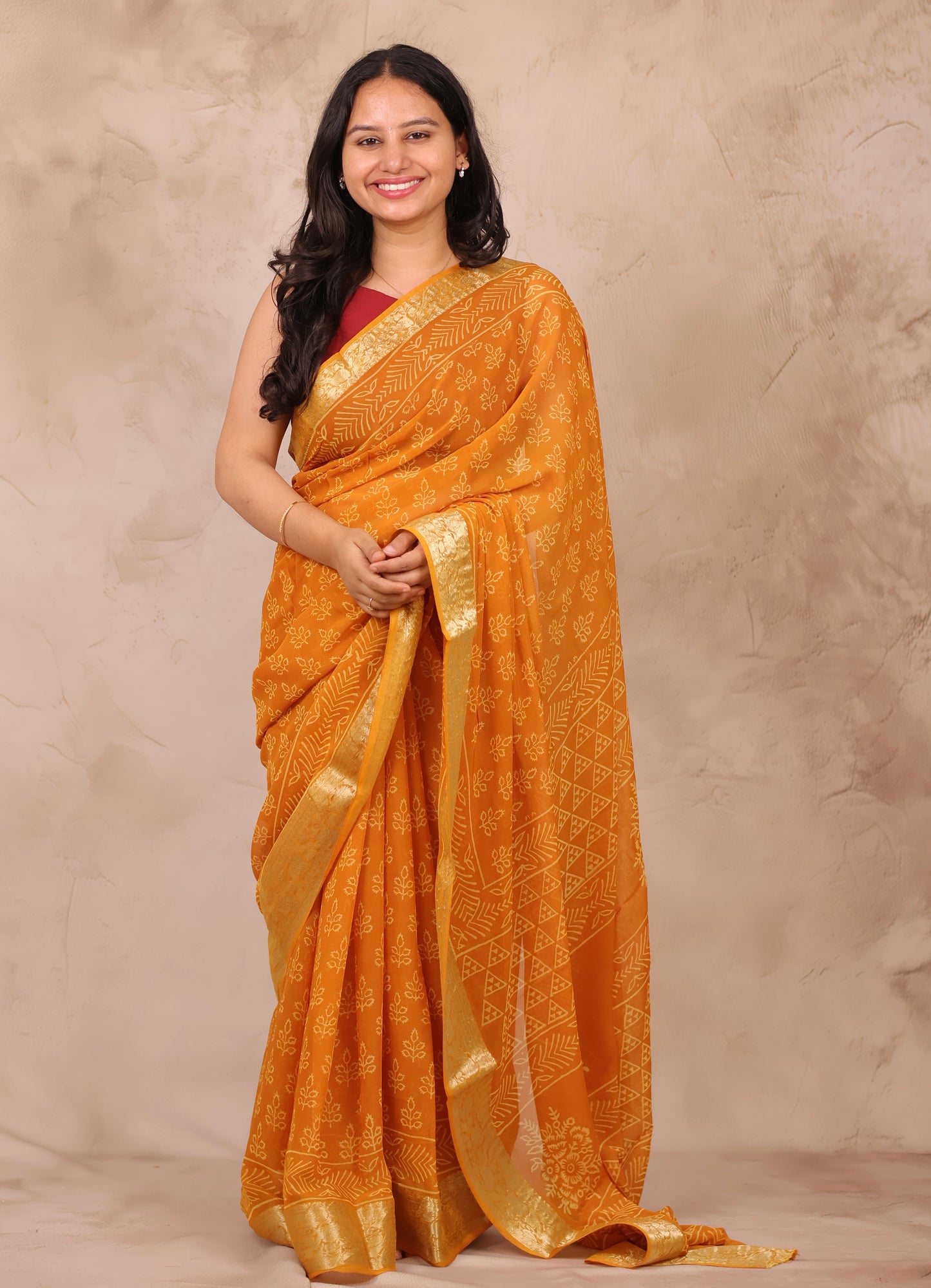 Mustard Chiffon Hand Block Printed Saree with Jari Border | Looms & Tassels