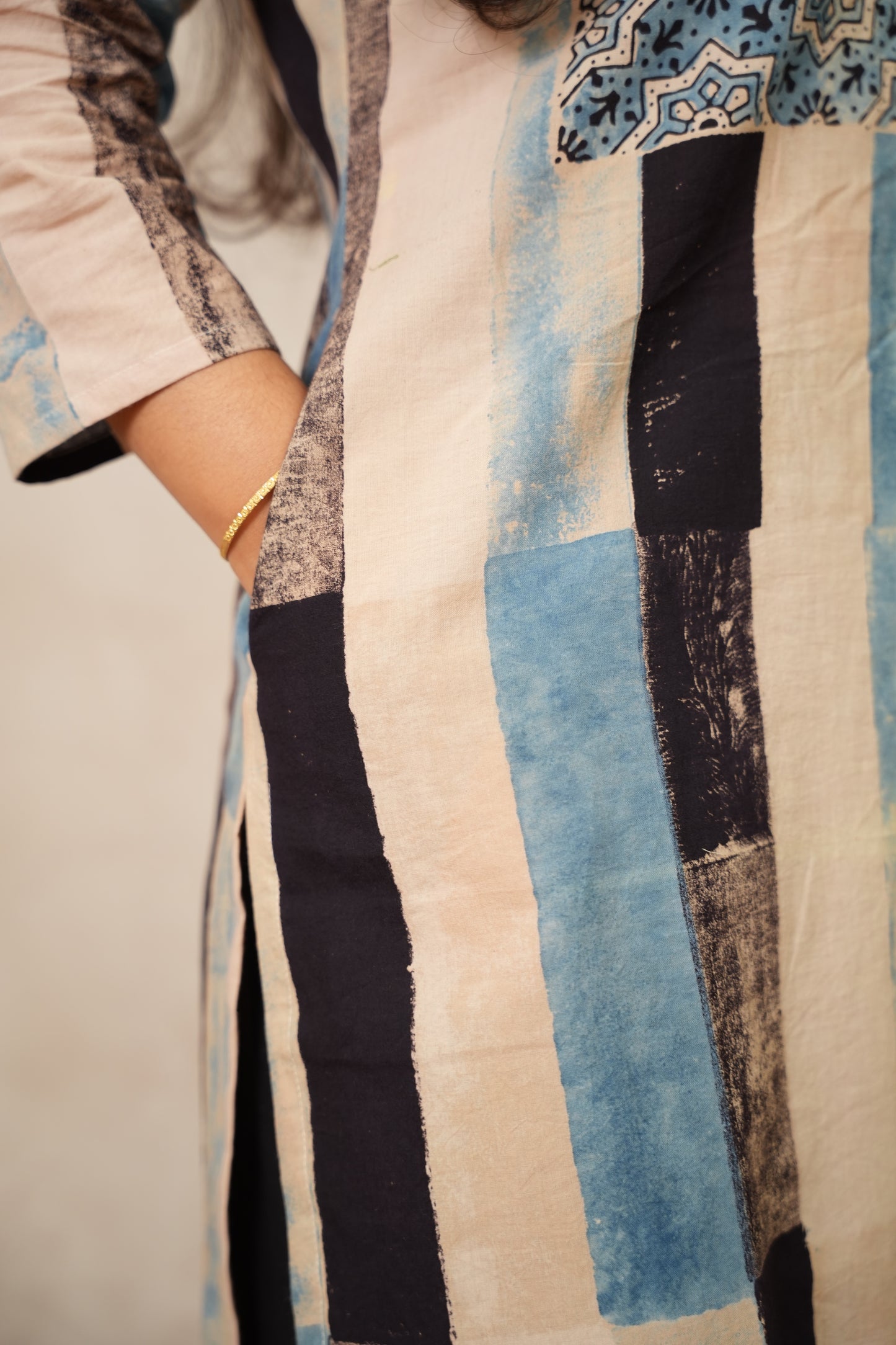 Contemporary Ajrakh Pattern Hand Block printed Kurti | Looms & Tassels