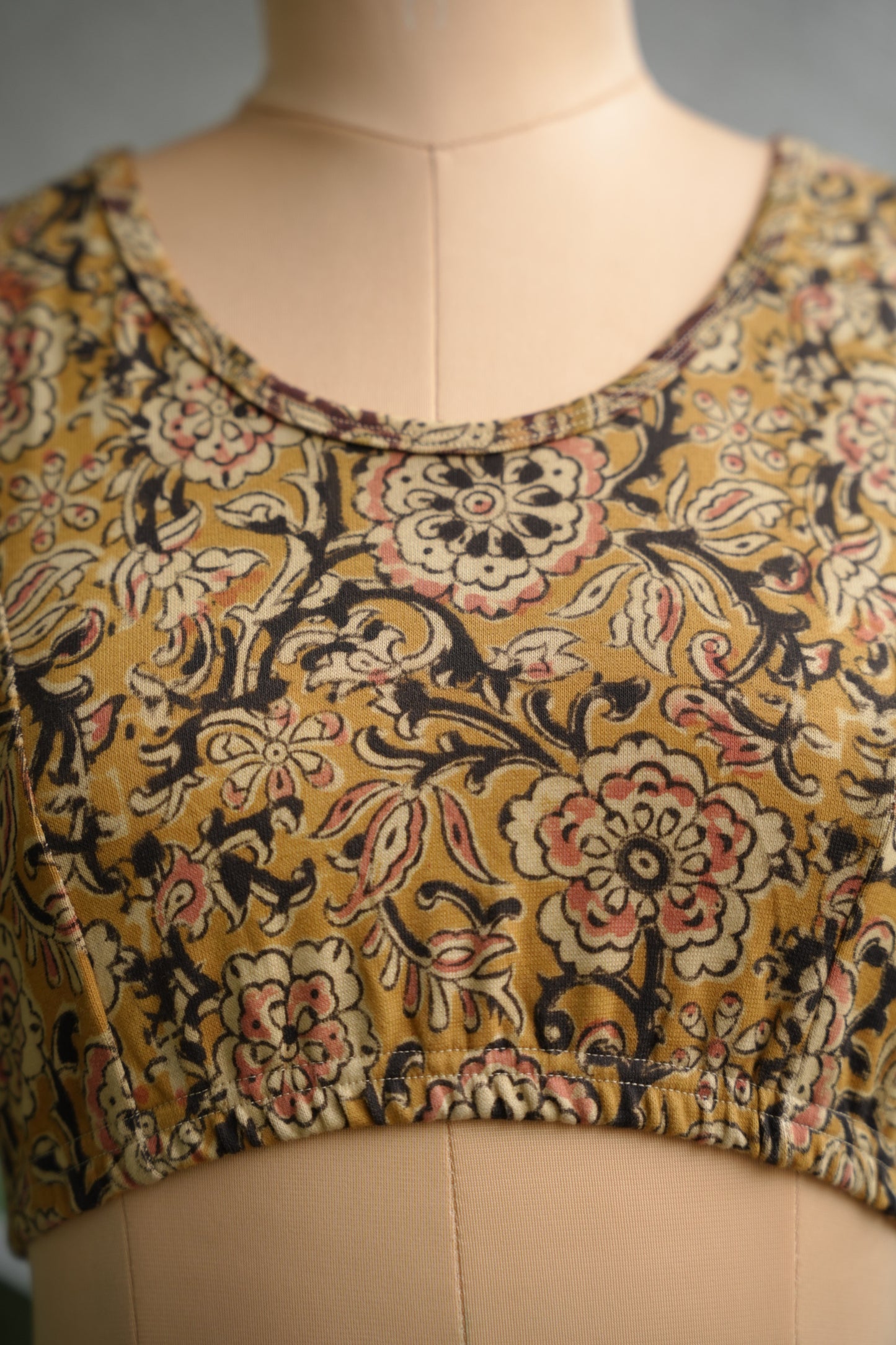 Mustard Round Neck Stretchable Hand block printed kalamkari blouse