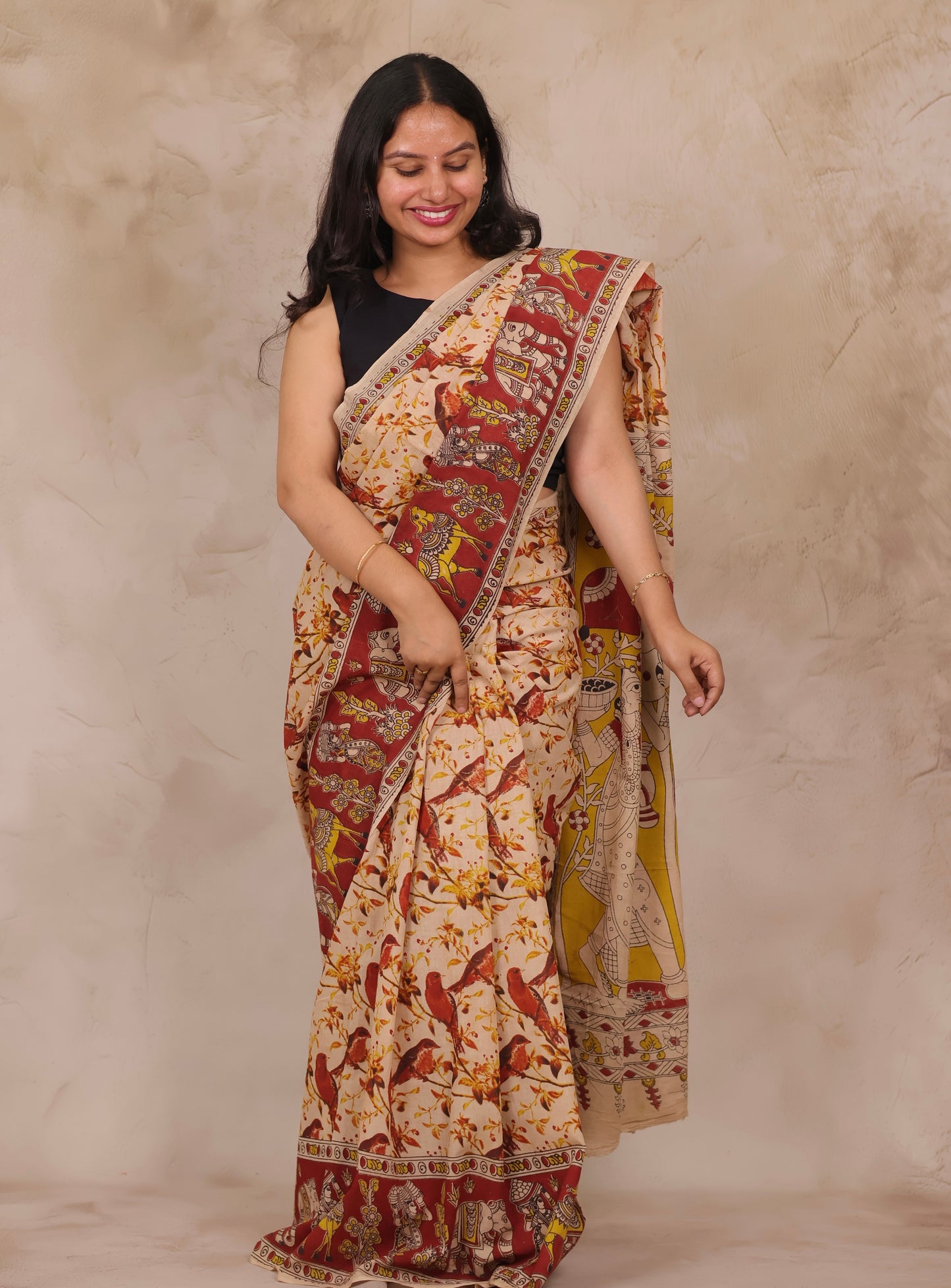 Cream Kalamkari Cotton Saree