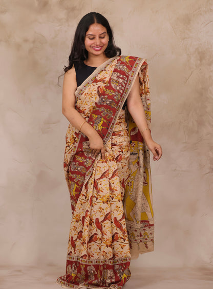 Cream Kalamkari Cotton Saree