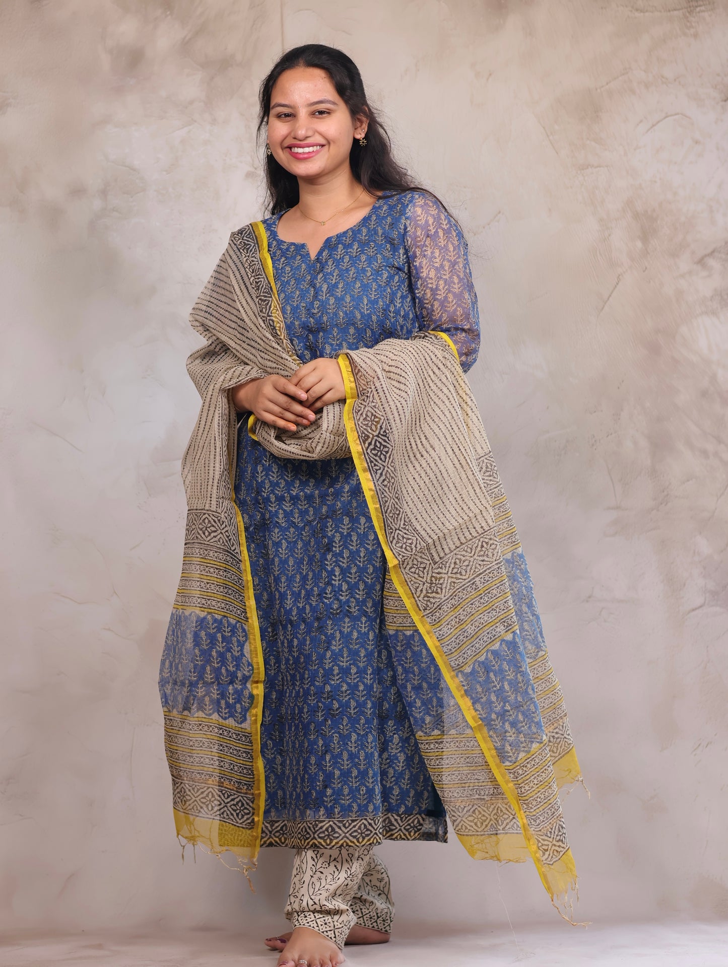 Blue Handblock printed kota 3 piece suit (stitched)
