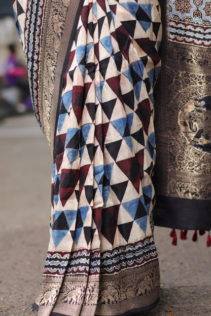 Contemporary Ajrakh Dola Silk Saree