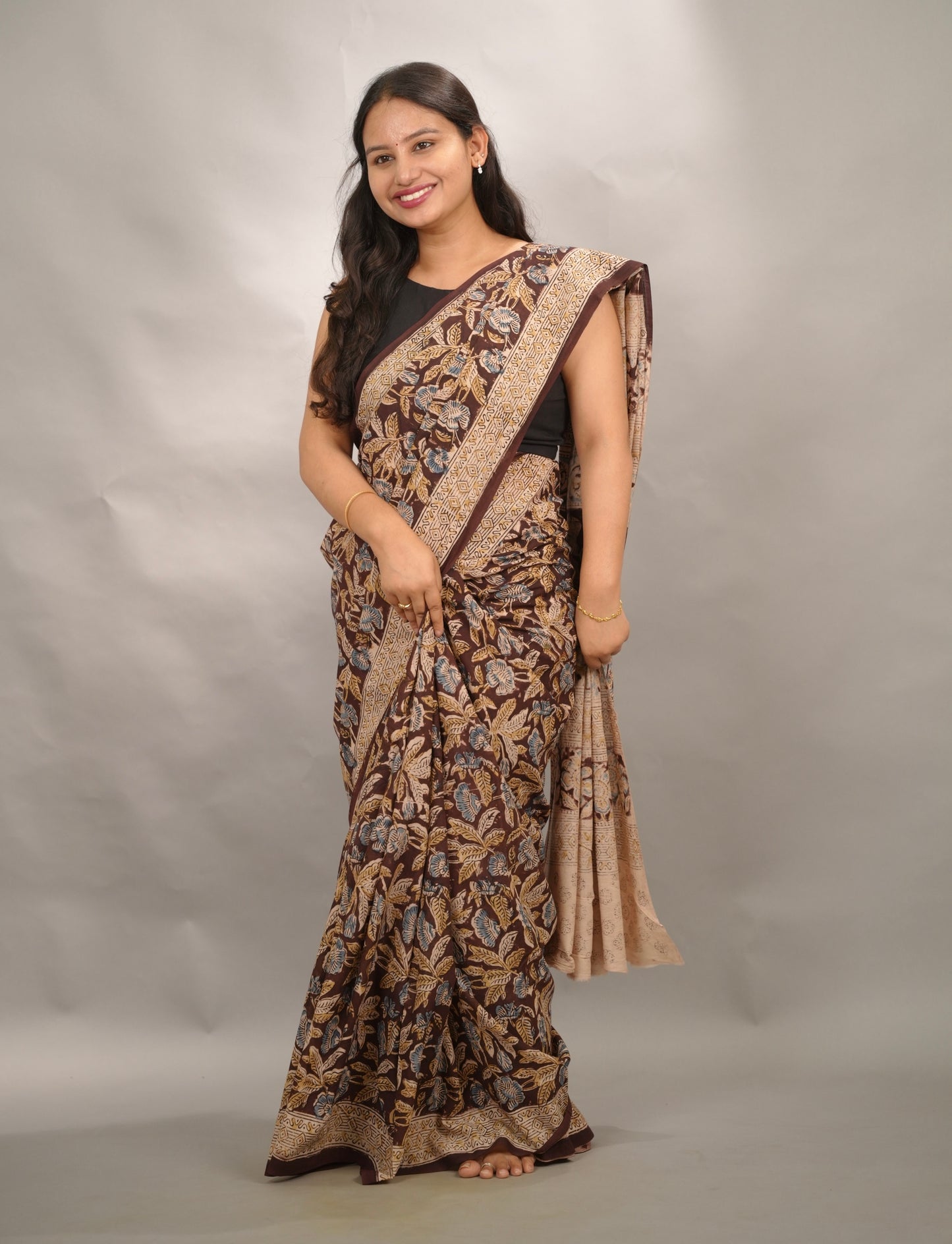Maroon Hand Block Printed Kalamkari Cotton Saree | Looms & Tassels