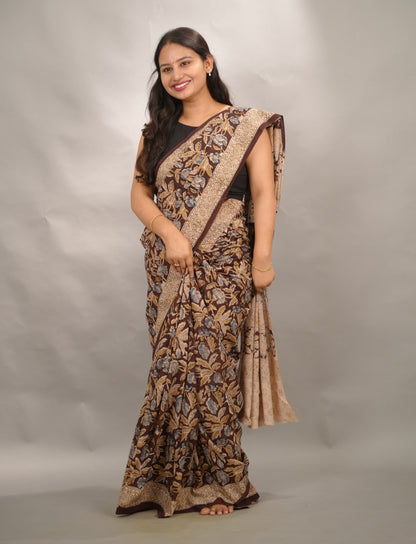 Maroon Hand Block Printed Kalamkari Cotton Saree | Looms & Tassels