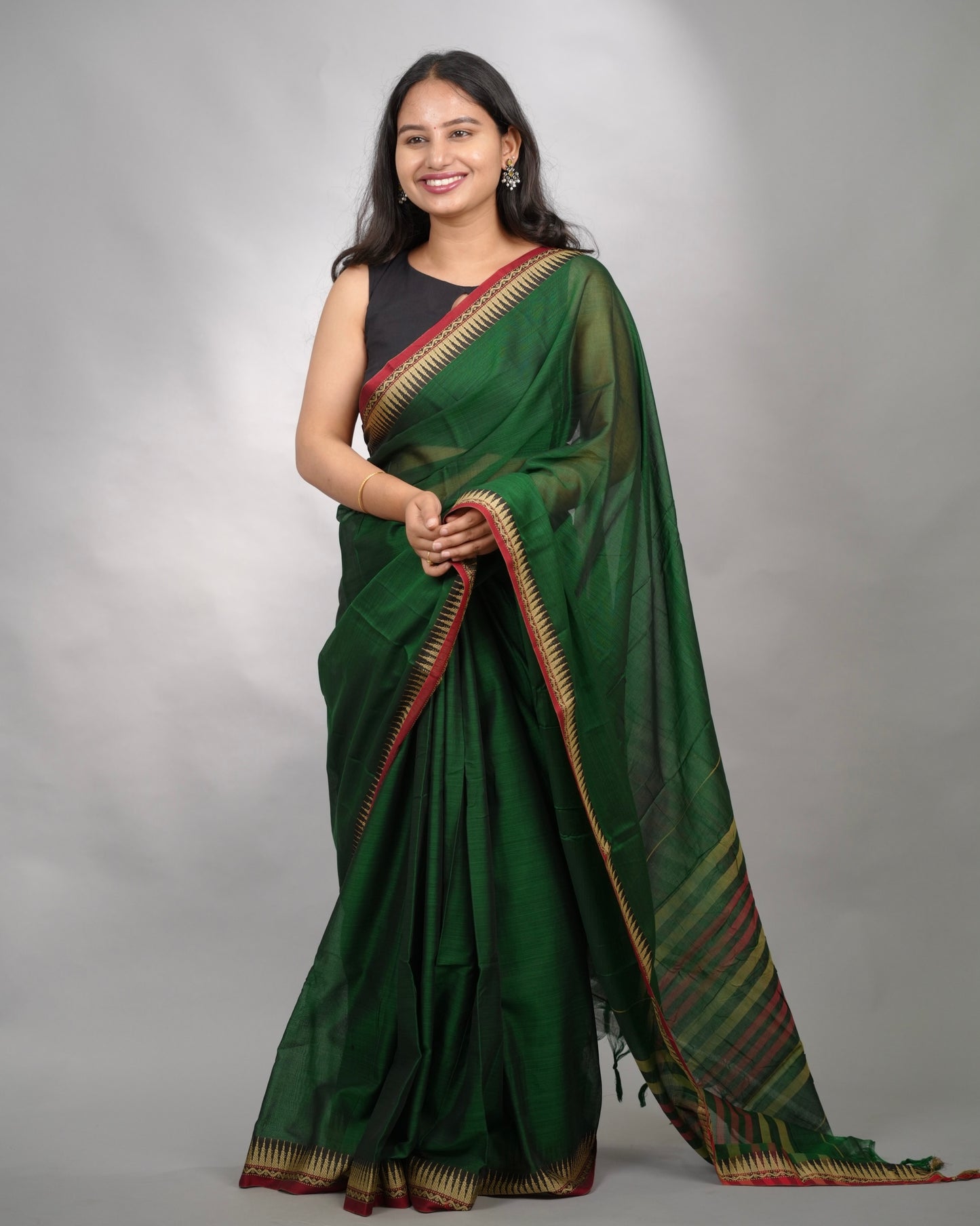 Bottle Green Narayanpet Cotton Saree With Temple Border | Looms & Tassels