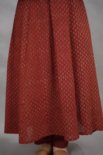 Rust Maroon Butti Ajrakh Cotton Kali Kurta | Looms & Tassels