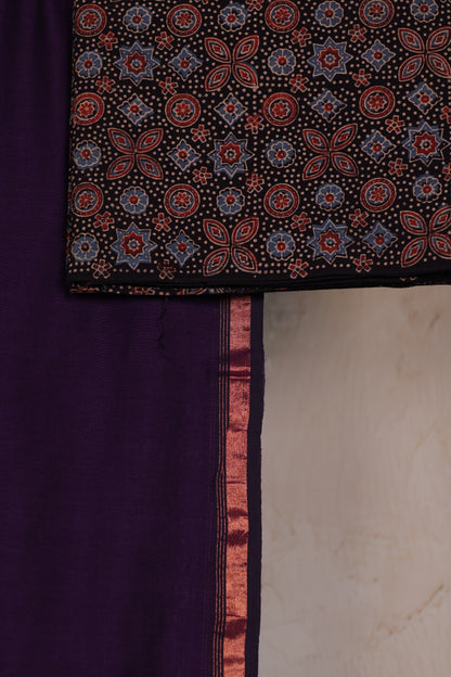 Handwoven Malai Cotton Saree with Sequence Work with Ajrakh blouse piece