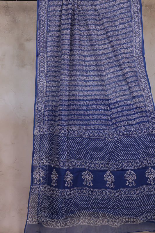 Cyan Blue Pure Kota Doria Saree with Bagru Handblock Prints | Looms & Tassels