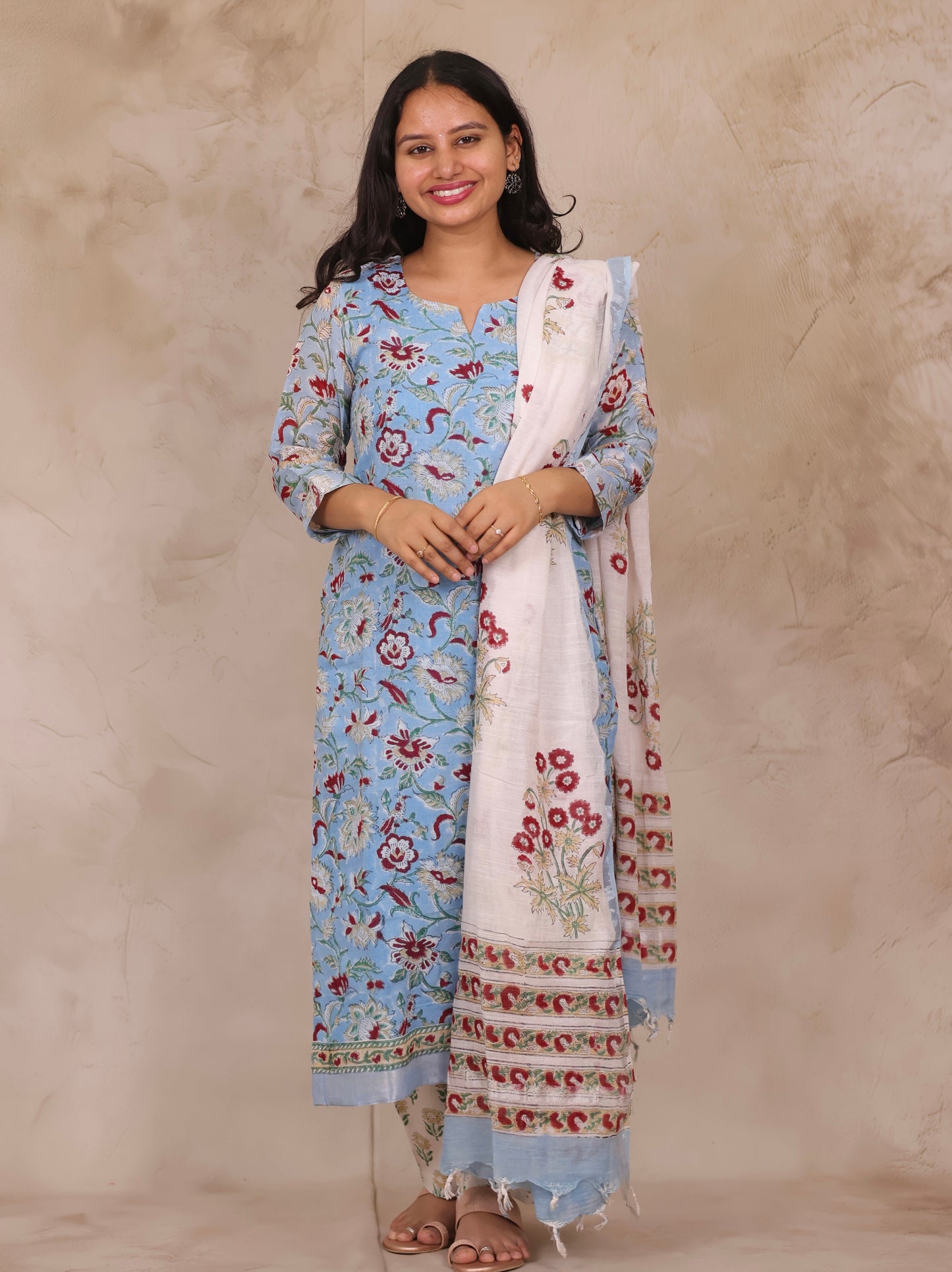 Sky Blue Linen Cotton Handblock printed 3 piece suit (stitched)