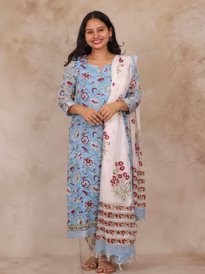 Sky Blue Linen Cotton Handblock printed 3 piece suit (stitched)
