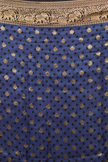 Indigo Ajrakh Handblock printed Dola Silk Saree | Looms & Tassels