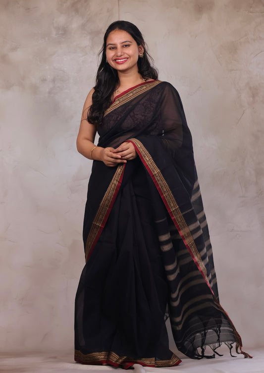 Black Narayanpet Cotton Saree | Looms & Tassels