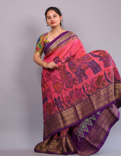 Kanchi Pattu Hand Painted Pen Kalamkari Saree
