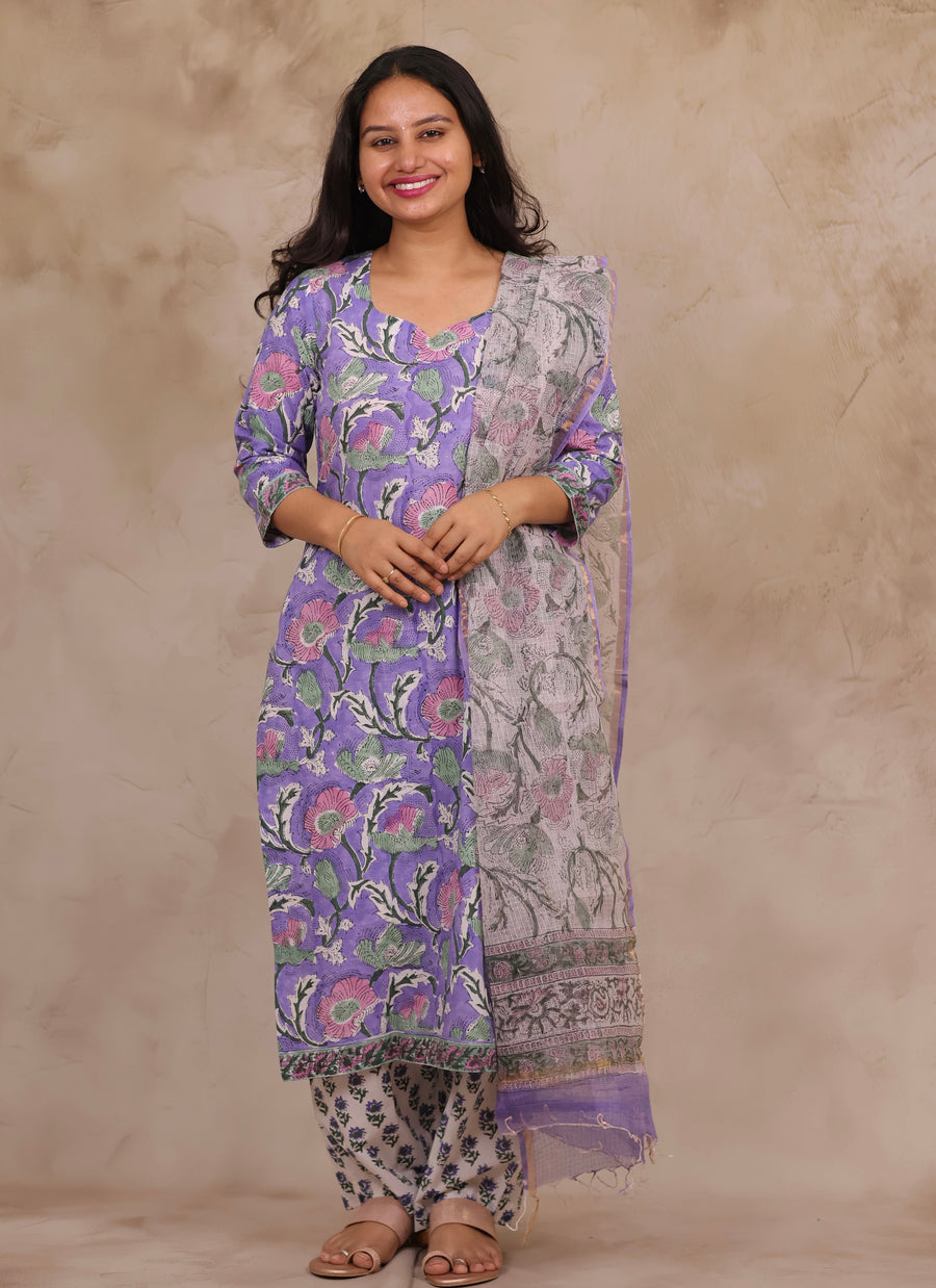 Lavender Handblock printed Pure Mul Cotton with Kota Doria Duppata 3 piece suit (stitched)
