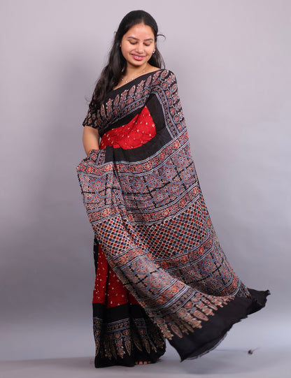 Red Hand Knotted Ajrakh Bandhej Modal Silk Saree | Looms & Tassels