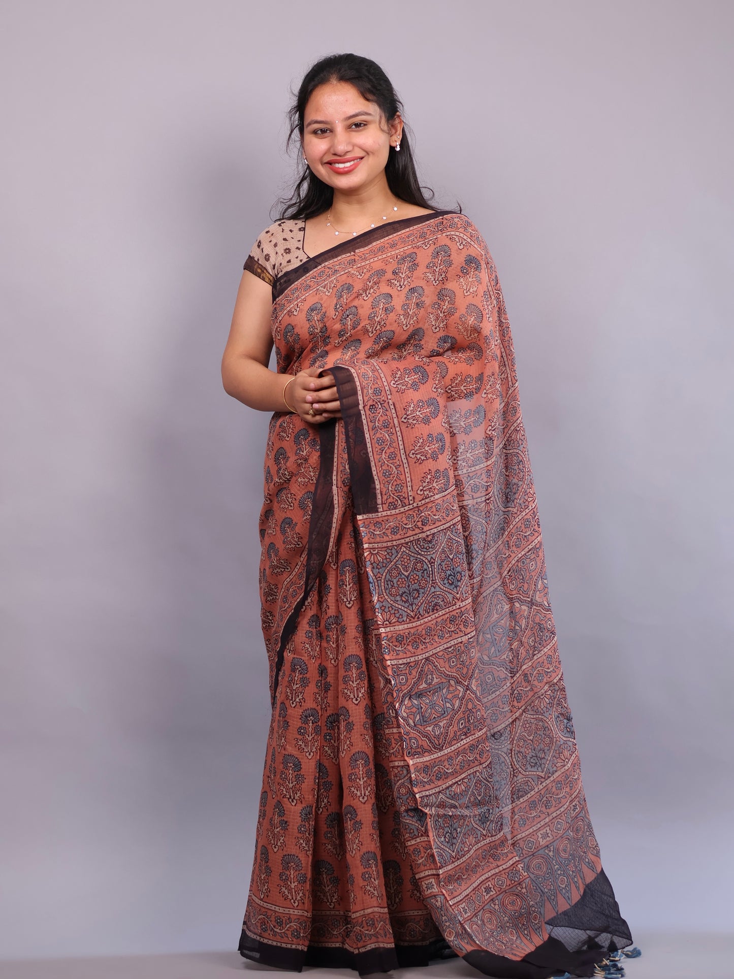 Ajrakh Hand Block Printed Kota Doria Saree | Looms & Tassels