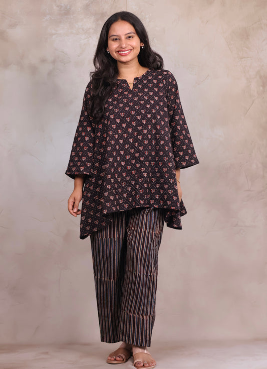 Black Ajrakh Handblock Printed Co-ord Set (Pure Cotton ) | Looms & Tassels
