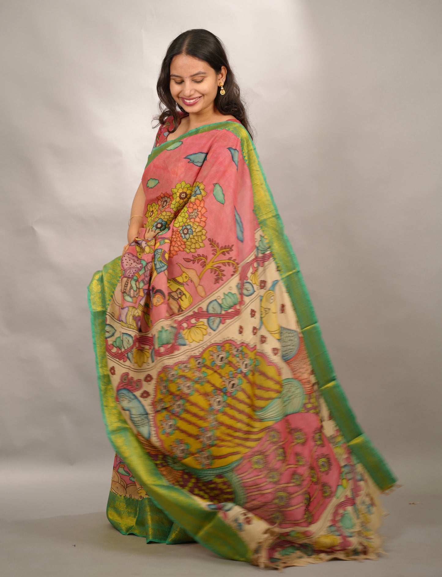 Pink Hand Drawn Pen Kalamkari Bangalore Silk Kanchi Border Saree | Looms & Tassels
