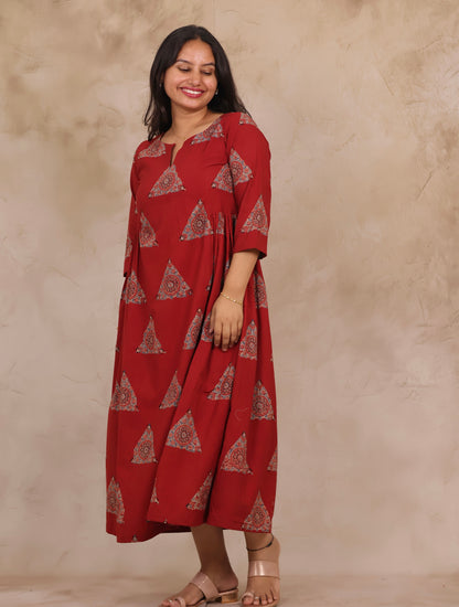Red Pure Mul Cotton Ajrakh Aline Dress | Looms & Tassels
