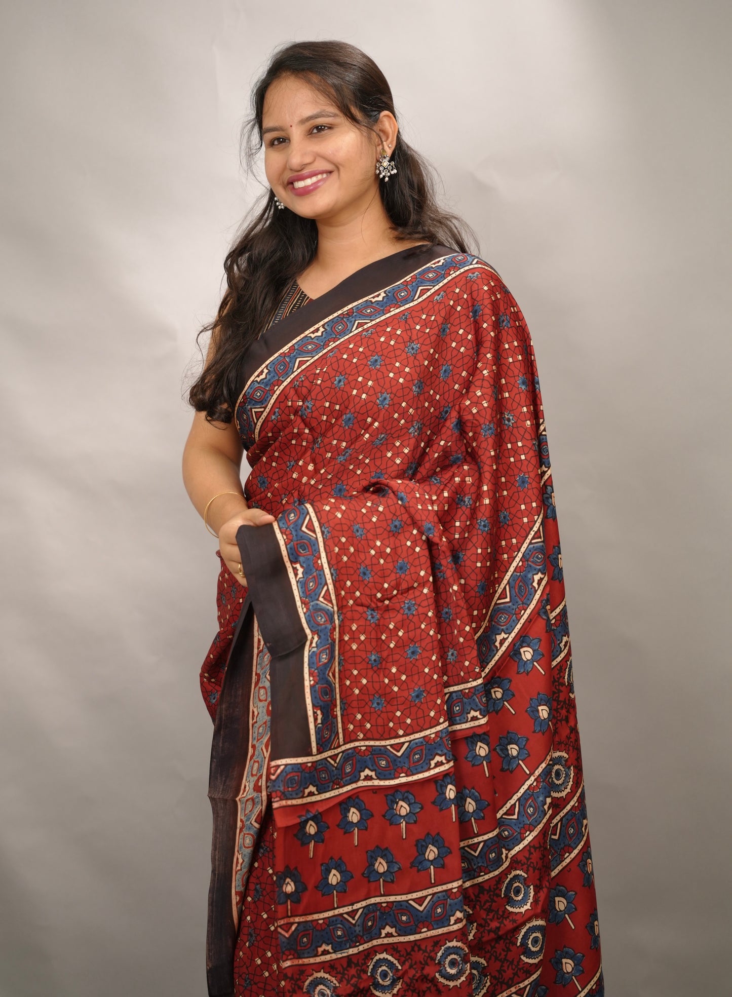 Maroon Authentic Ajrakh Handblock Printed Modal Silk Saree | Looms & Tassels