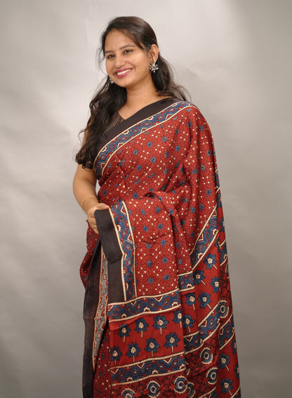 Maroon Authentic Ajrakh Handblock Printed Modal Silk Saree | Looms & Tassels