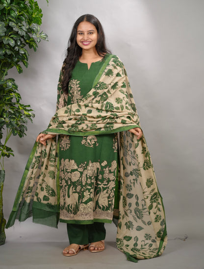 Green Kalamkari Kota Cotton 3 piece suit (stitched) | Looms & Tassels
