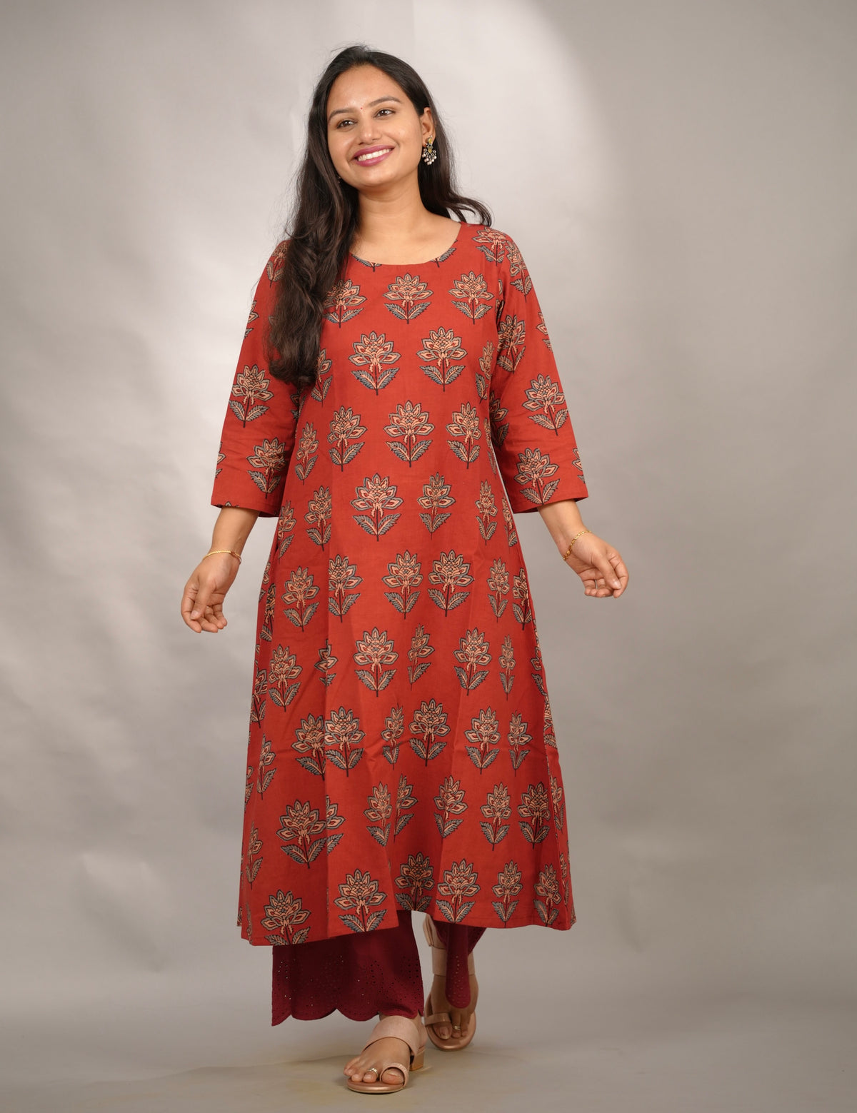 Red Ajrakh Hand Block Printed Pure Mul Cotton A-line Kurta | Looms & Tassels