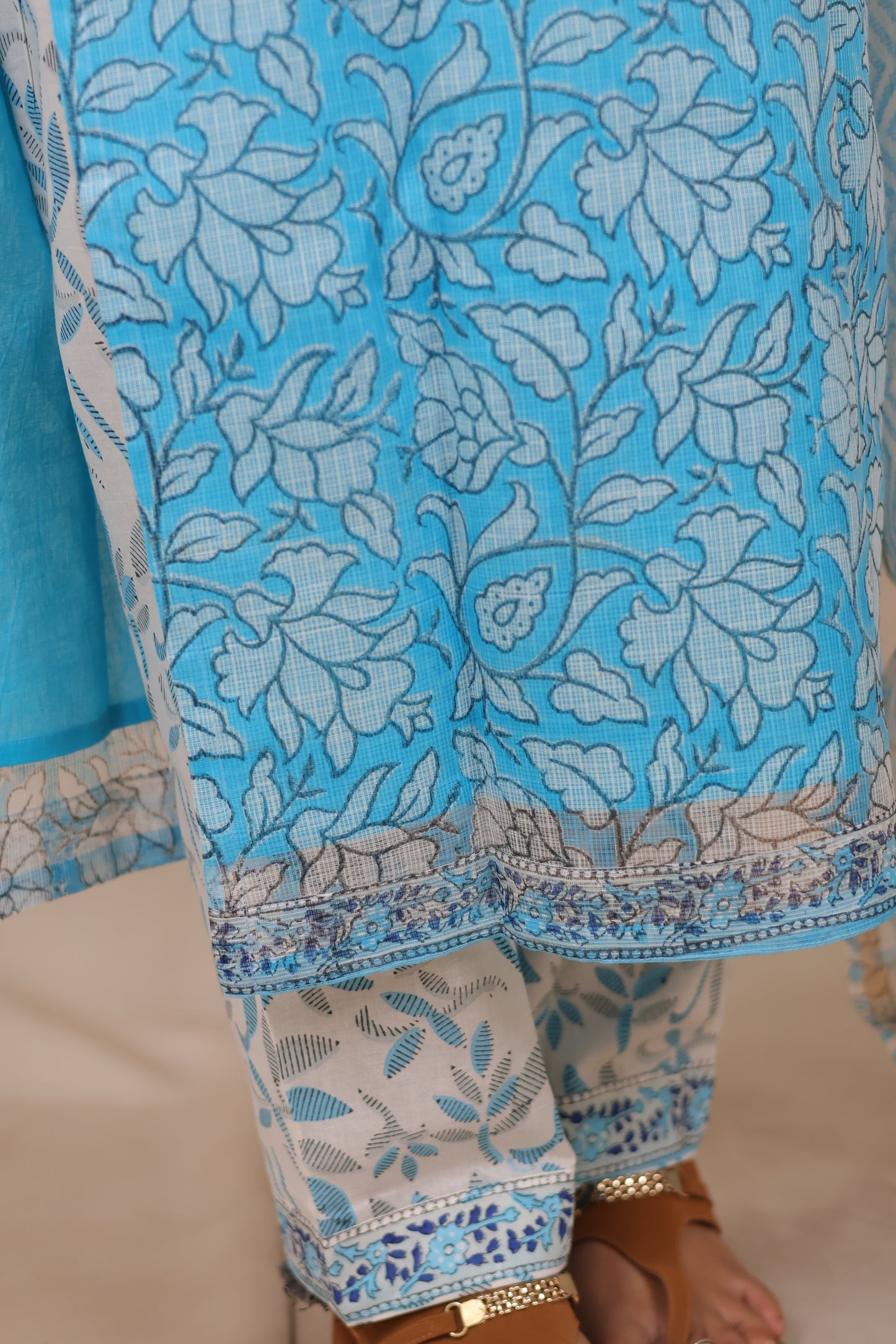 Ice Blue Handblock printed kota 3 piece suit (stitched)