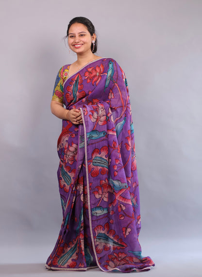 Purple Hand Painted Pen Kalamkari Organza Saree