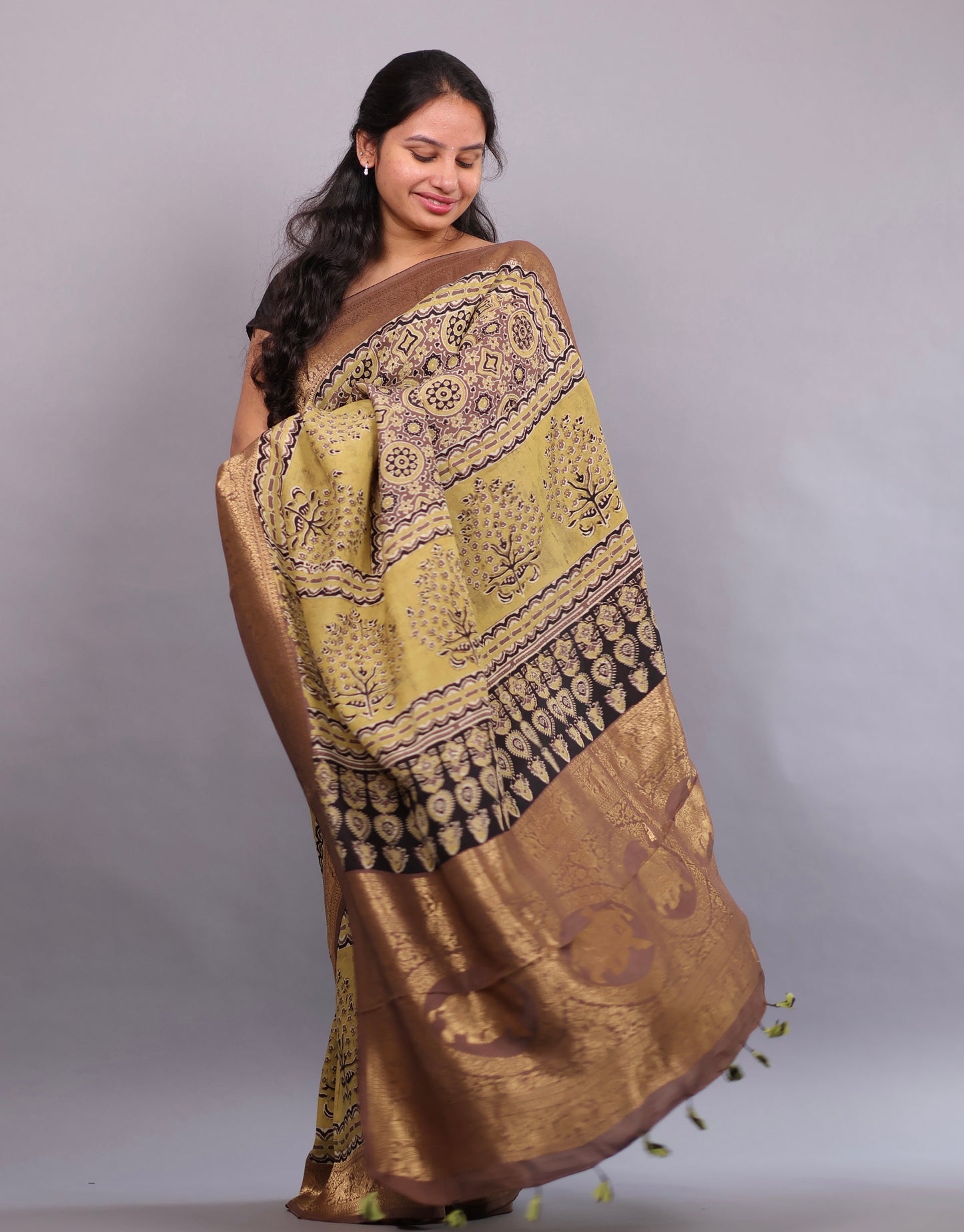 Olive Green Geometrical Authentic Ajrakh Hand Block printed  Dola Silk Saree | Looms & tassels