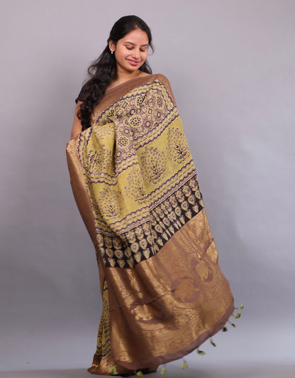 Olive Green Geometrical Authentic Ajrakh Hand Block printed  Dola Silk Saree | Looms & tassels