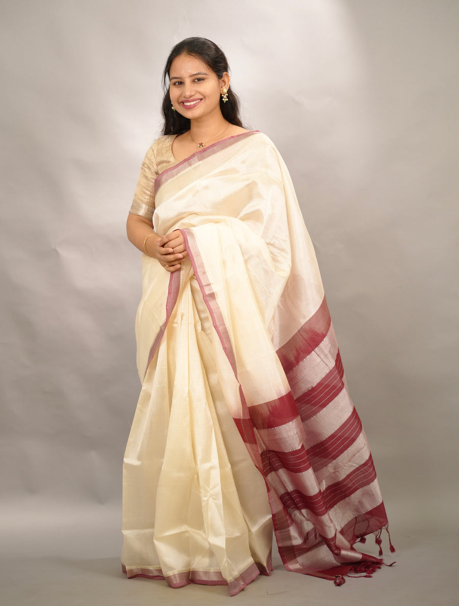 Off White & Maroon Handloom Mangalagiri Silk Saree| Looms & Tassels