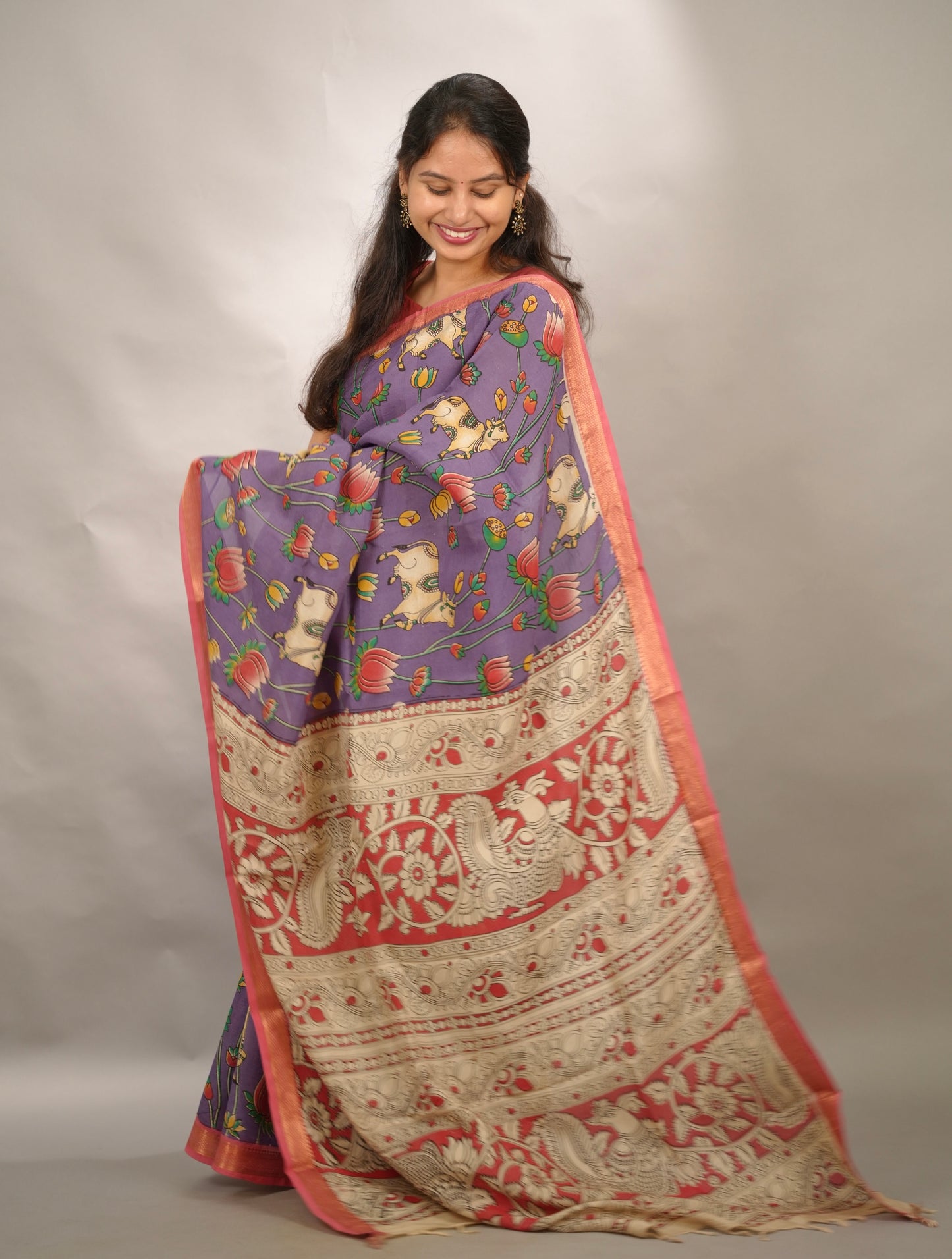 Lavender Kalamkari Nizam Border Chennur Silk Saree | Looms & Tassels
