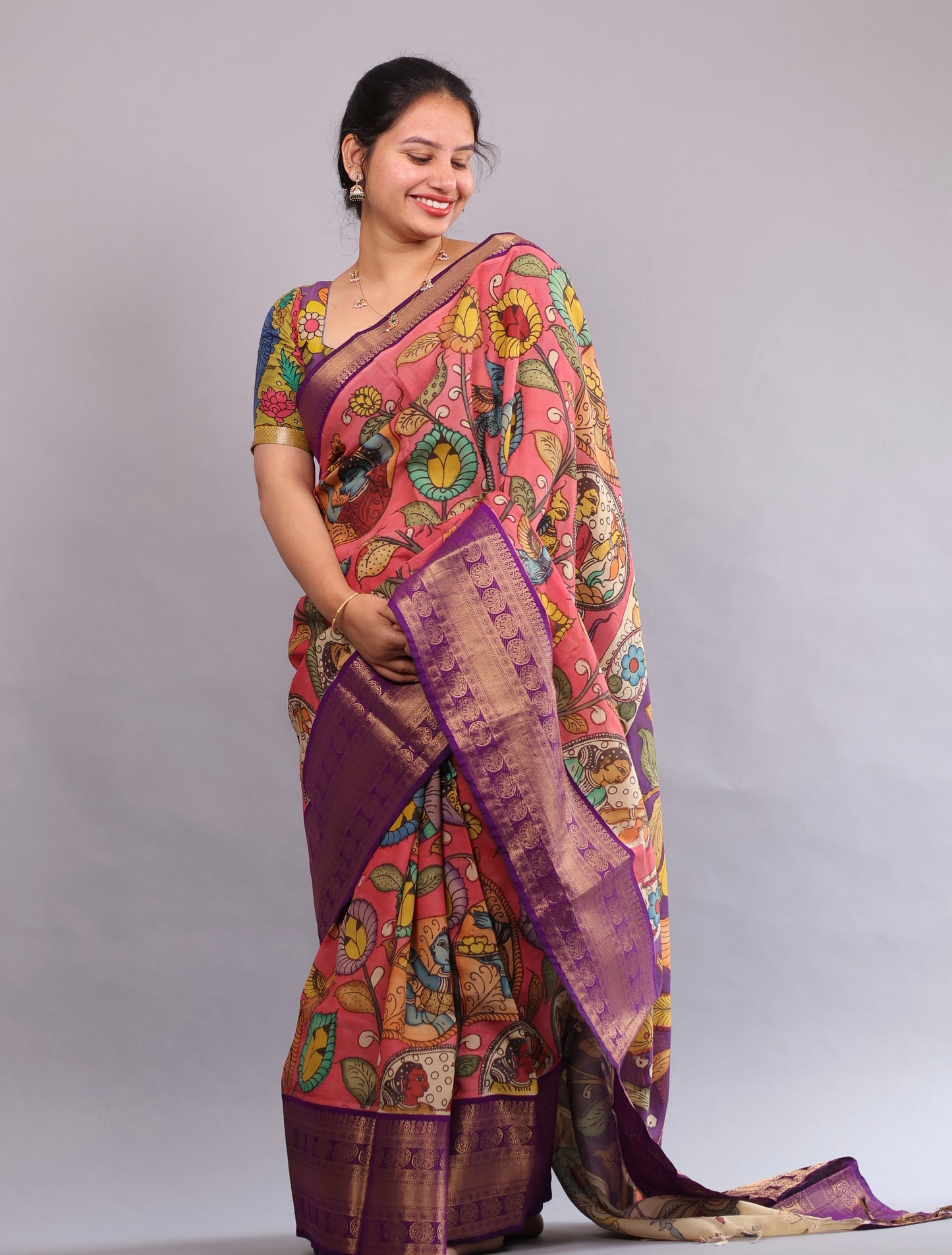 Pink Hand Painted Pen Kalamkari Silk Saree