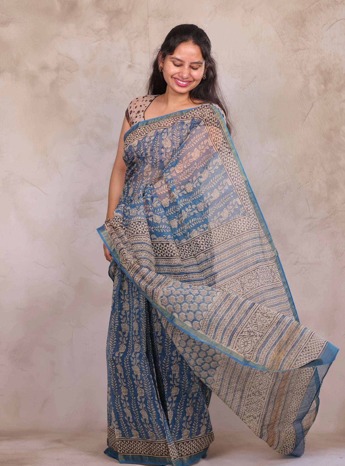 Teal Blue Pure Kota Doria Saree with Bagru Handblock Prints | Looms & Tassels