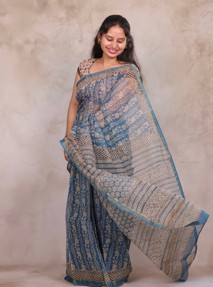 Teal Blue Pure Kota Doria Saree with Bagru Handblock Prints | Looms & Tassels