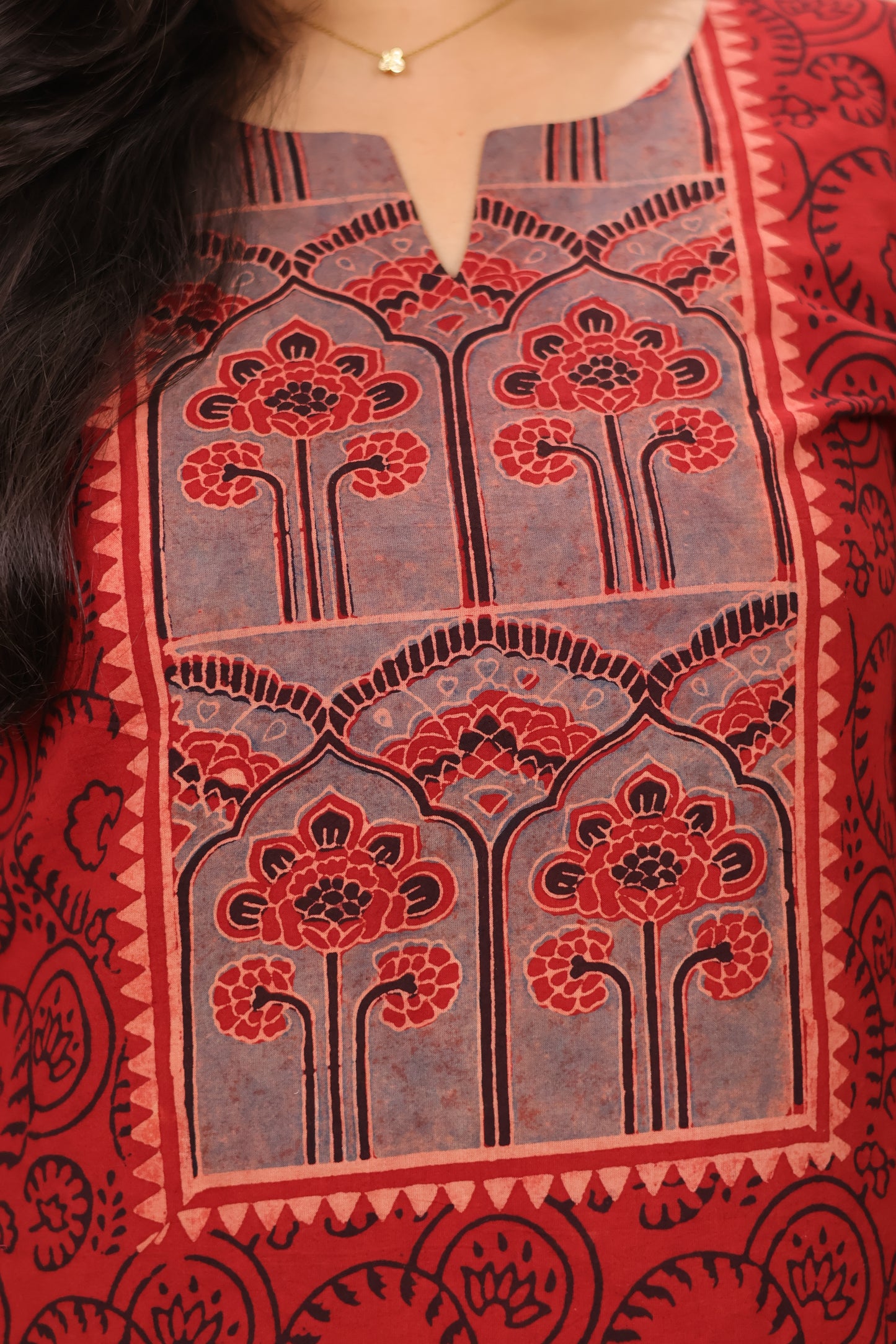 Red & Black Ajrakh Pattern Hand Block Cotton printed Kurti | Looms & Tassels