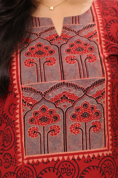 Red & Black Ajrakh Pattern Hand Block Cotton printed Kurti | Looms & Tassels