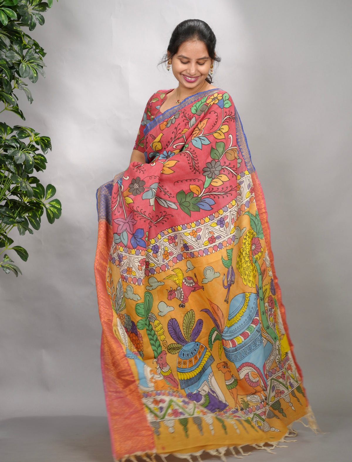 Pink Hand Drawn Pen Kalamkari Bangalore Silk Kanchi Border Saree | Looms & Tassels