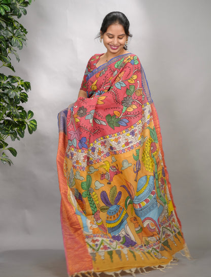 Pink Hand Drawn Pen Kalamkari Bangalore Silk Kanchi Border Saree | Looms & Tassels