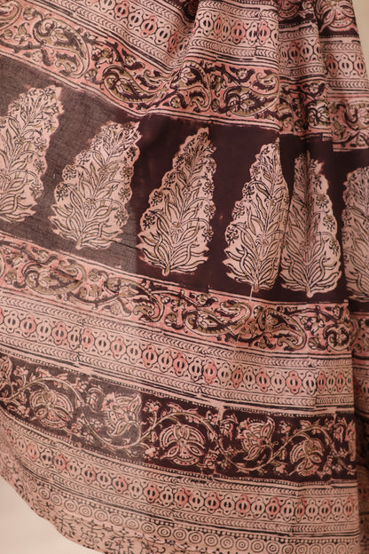 Cream Hand Block Printed Kalamkari Cotton Saree | Looms & Tassels