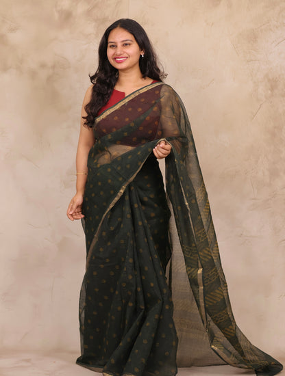 Green Pure Kota Doria Saree with Bagru Handblock Prints | Looms & Tassels