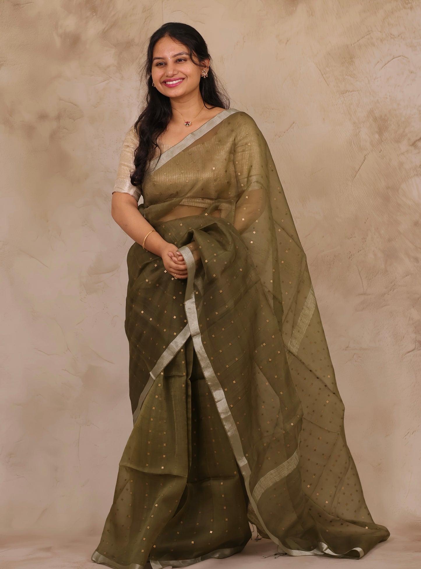 Olive Green Handwoven Muslin Silk Saree With Sequence Work | Looms & Tassels