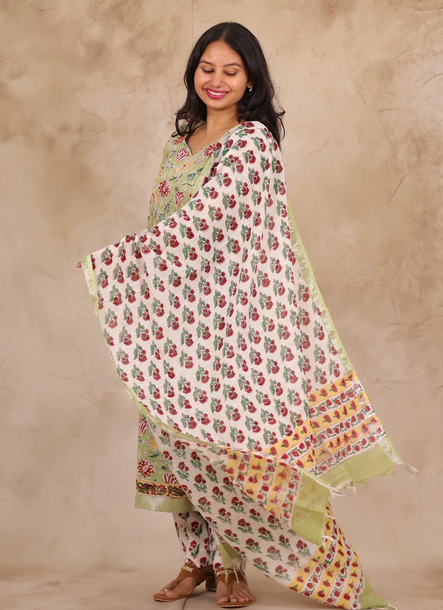 Green Linen Cotton Handblock printed 3 piece suit (stitched)