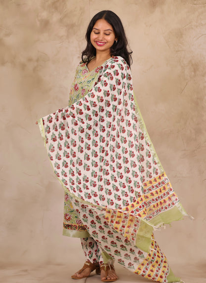 Green Linen Cotton Handblock printed 3 piece suit (stitched)