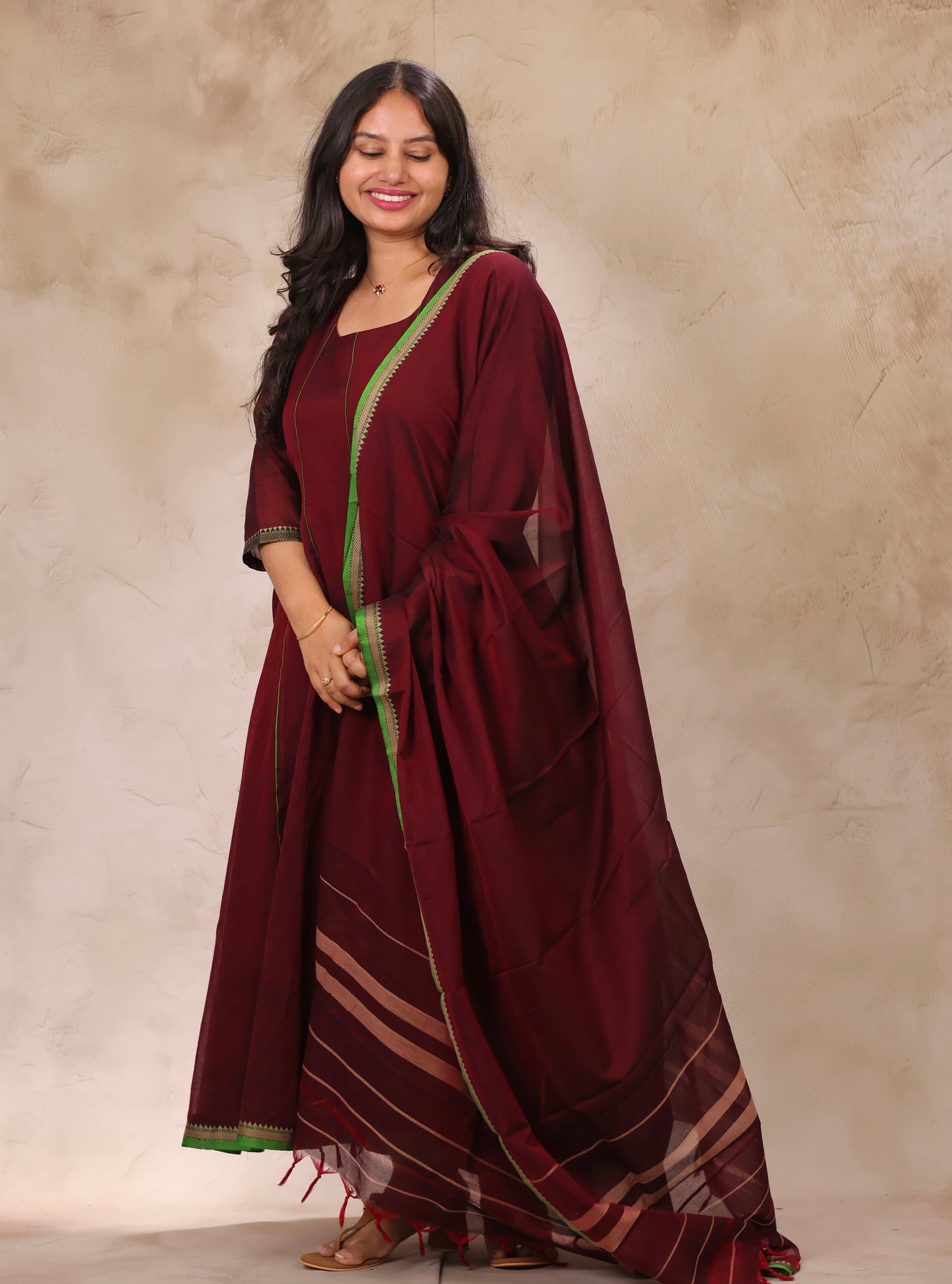 Maroon Narayanpet Cotton Anarkali Dress with Narayanpet Dupatta | Looms & Tassels